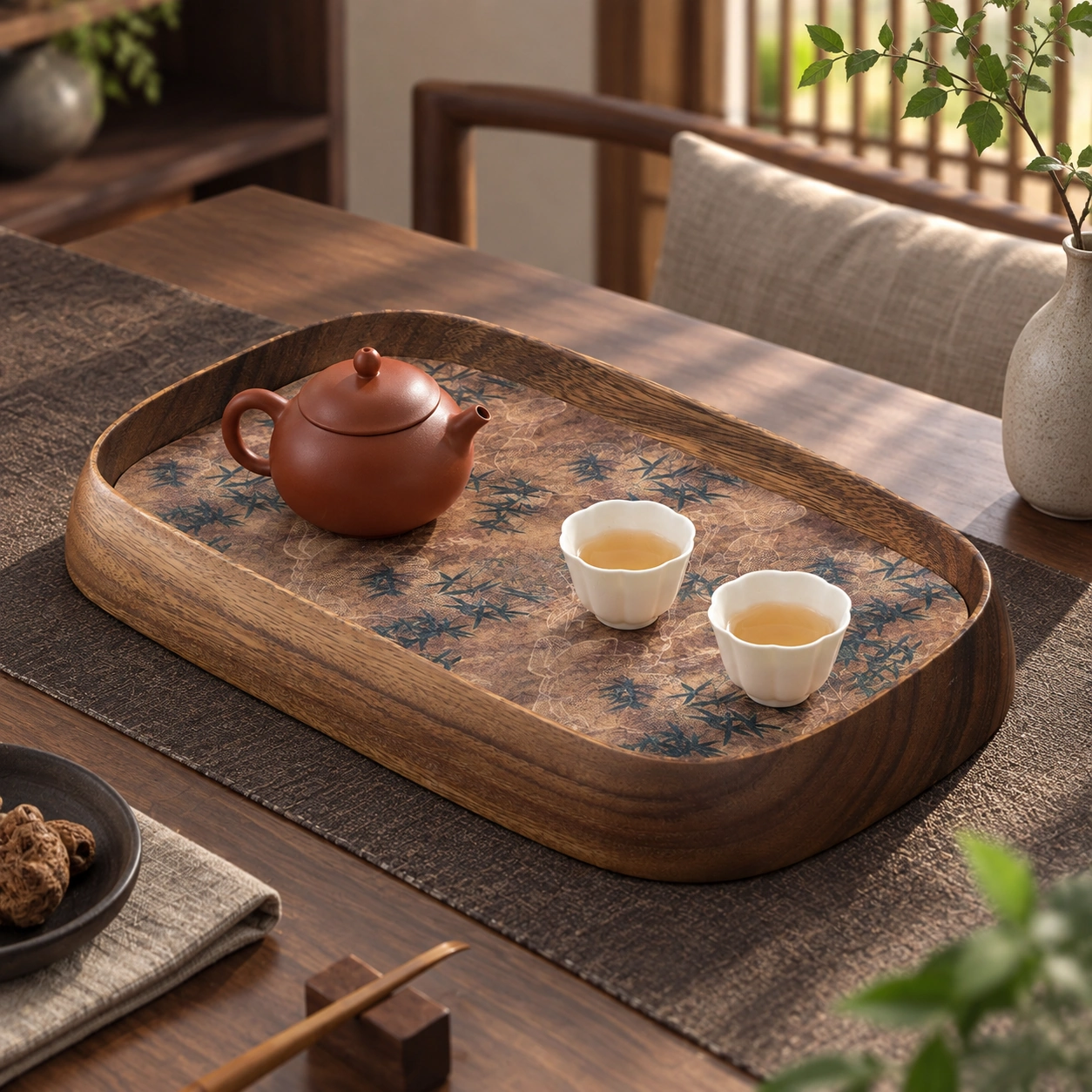 Walnut Wood Gongfu Tea Tray in a calm tea-table setting