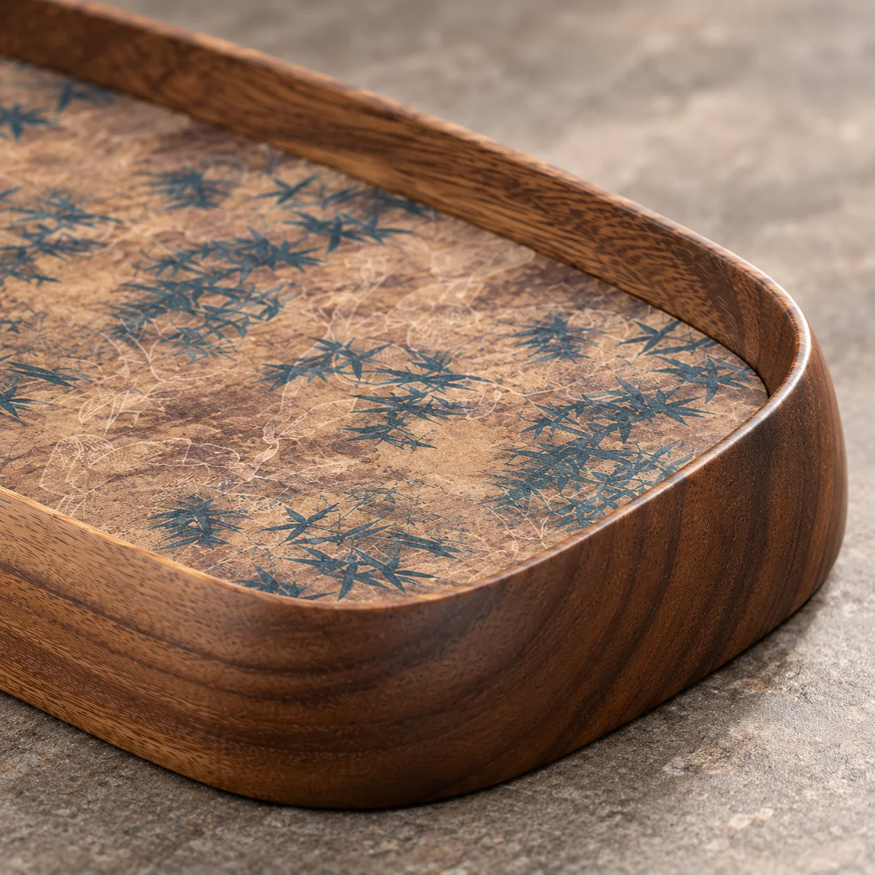 Walnut Wood Gongfu Tea Tray showing walnut grain and bamboo-pattern panel detail