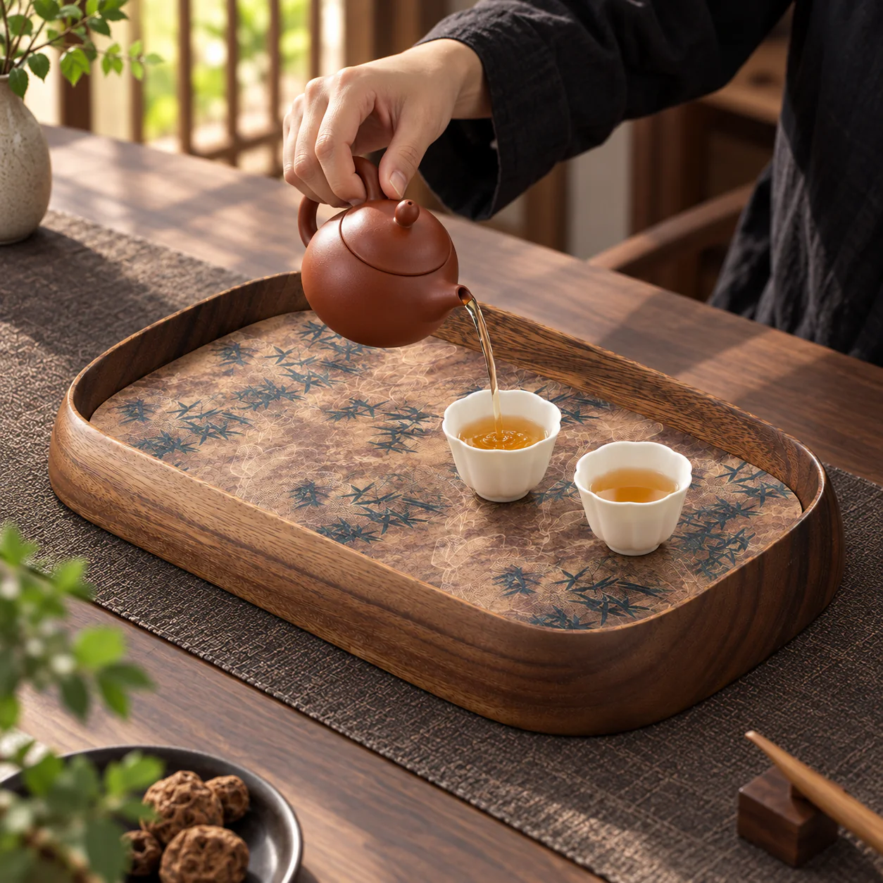 Walnut Wood Gongfu Tea Tray in a refined tea-serving scene