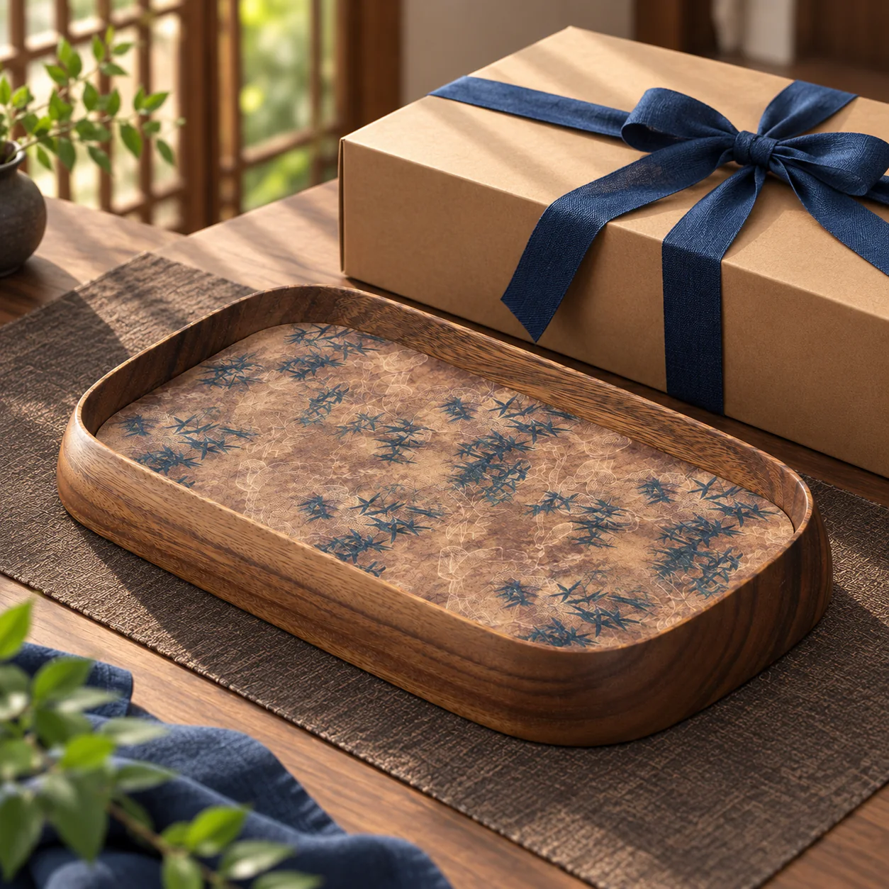 Walnut Wood Gongfu Tea Tray presented with an unbranded gift box