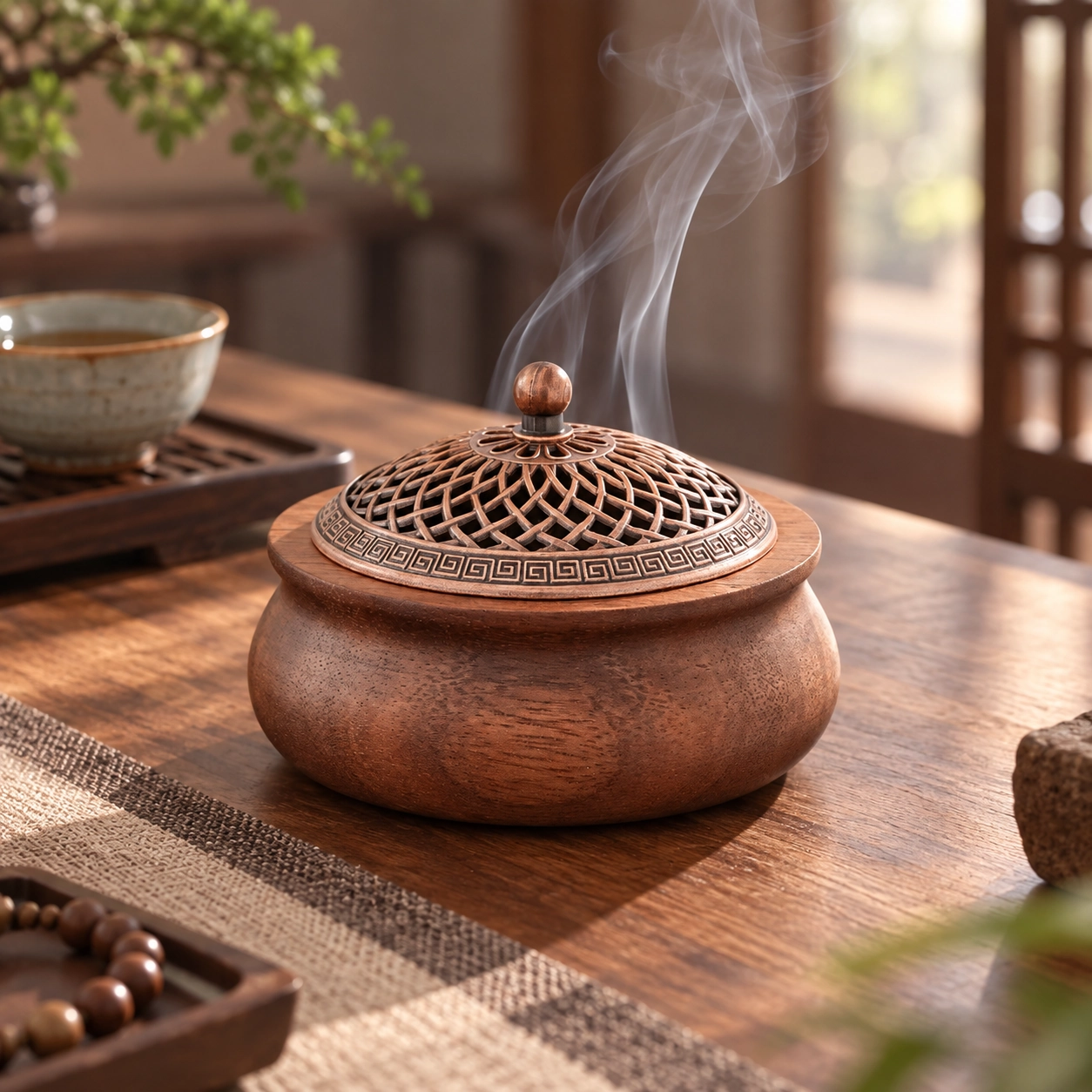Rounded walnut wood incense burner in a calm tea-table setting