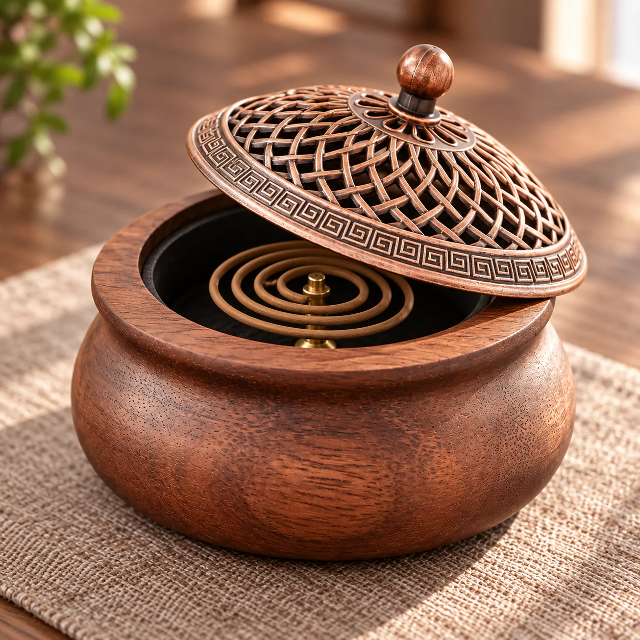 Walnut Wood Incense Burner showing its open lattice lid and coil support