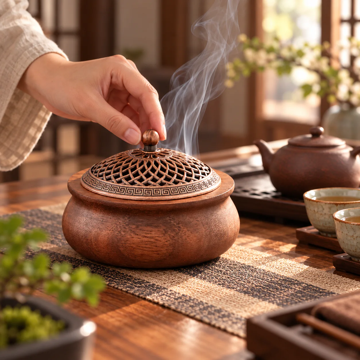 Walnut Wood Incense Burner in use on a refined tea table