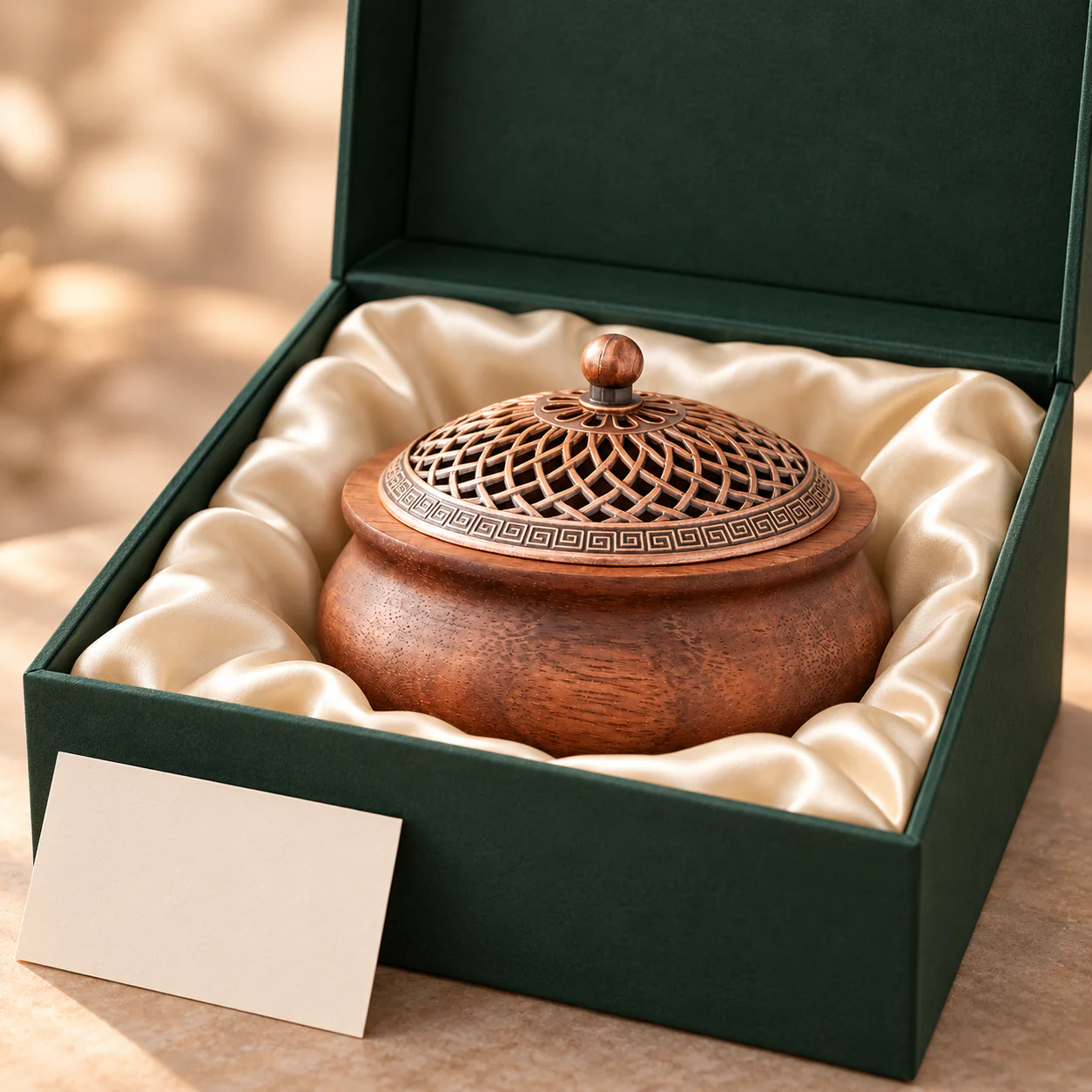 Walnut Wood Incense Burner presented in an unbranded gift box