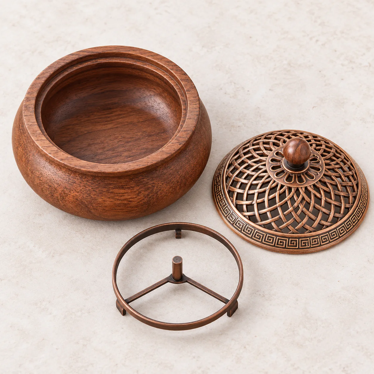 Walnut Wood Incense Burner components and removable lid