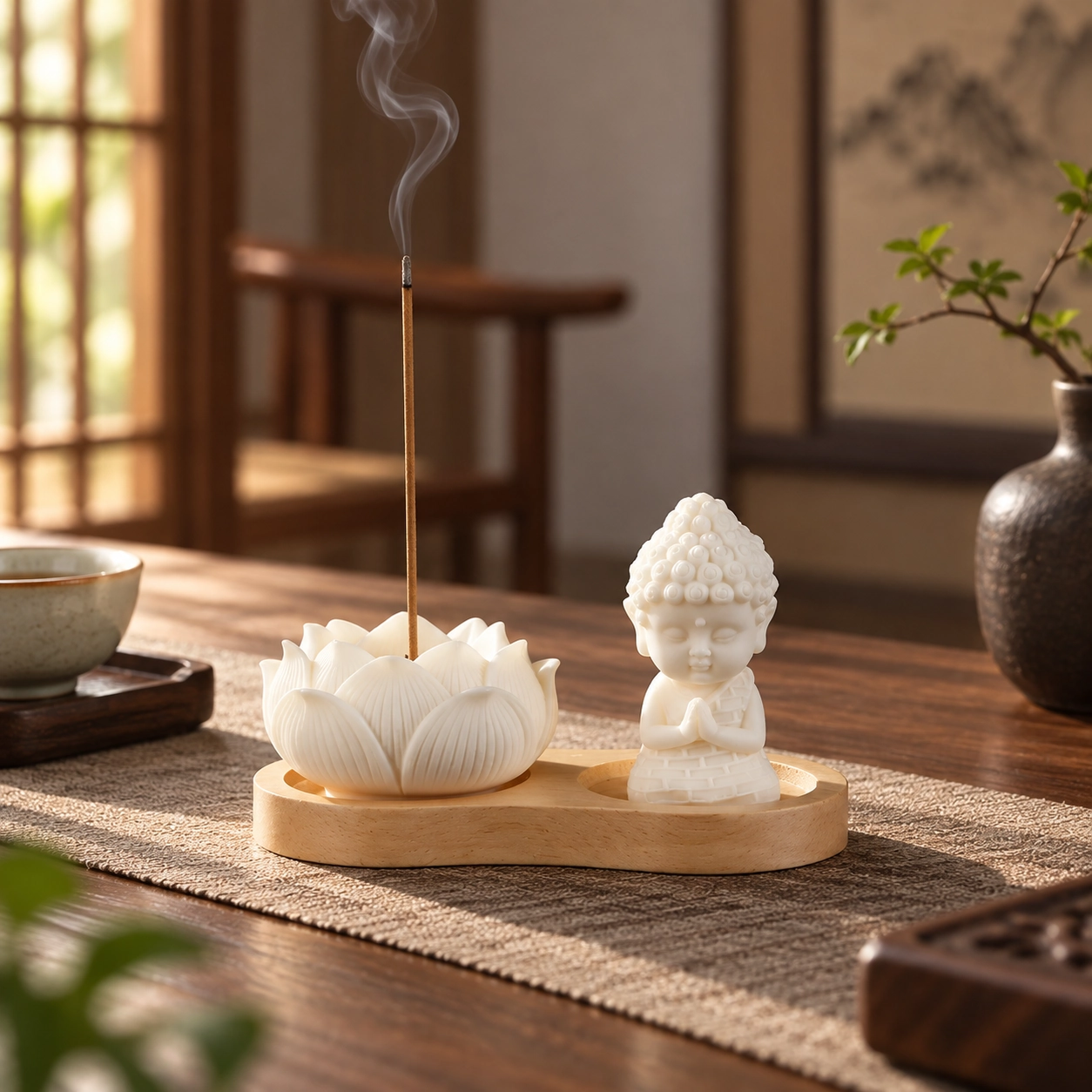 Gourd and Lotus Wood Incense Holder in a calm tea-table setting