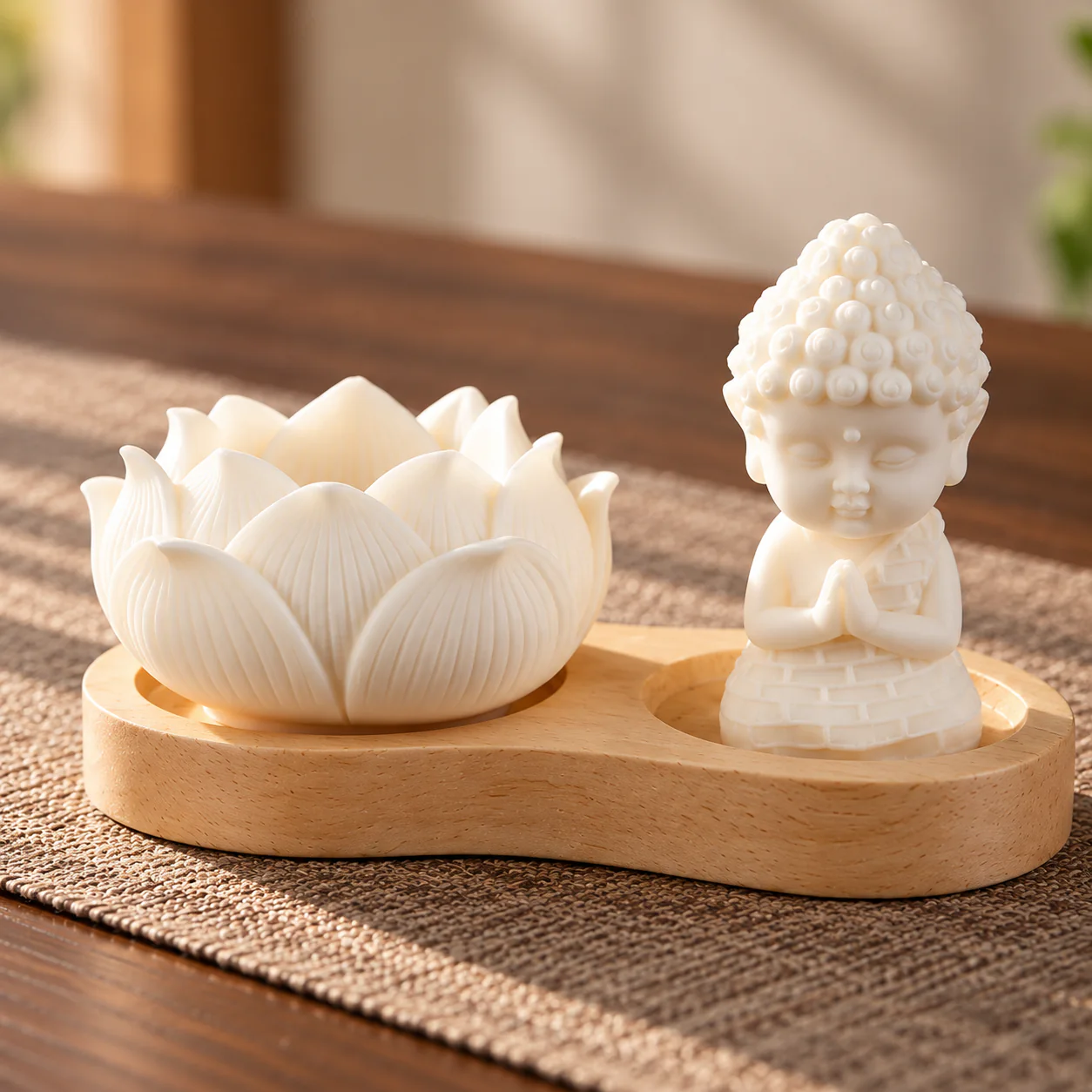 Gourd and Lotus Wood Incense Holder showing carved lotus and Buddha details