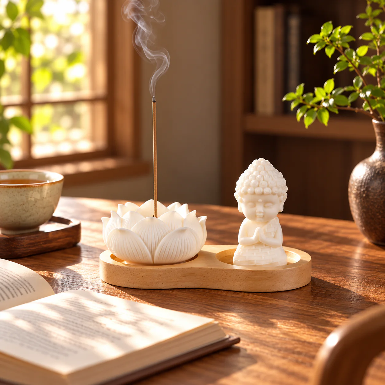 Gourd and Lotus Wood Incense Holder in a peaceful reading scene