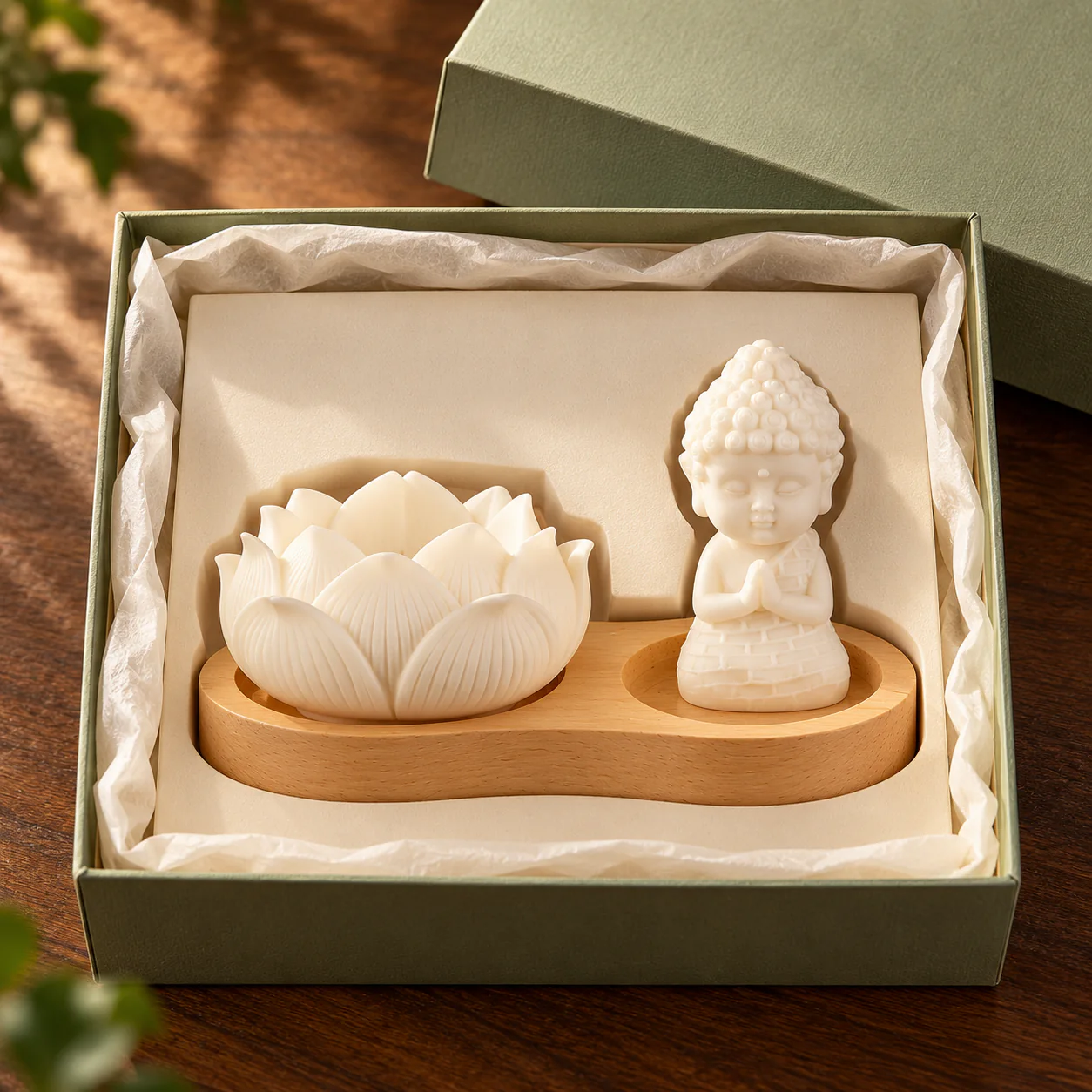 Gourd and Lotus Wood Incense Holder presented in an unbranded gift box