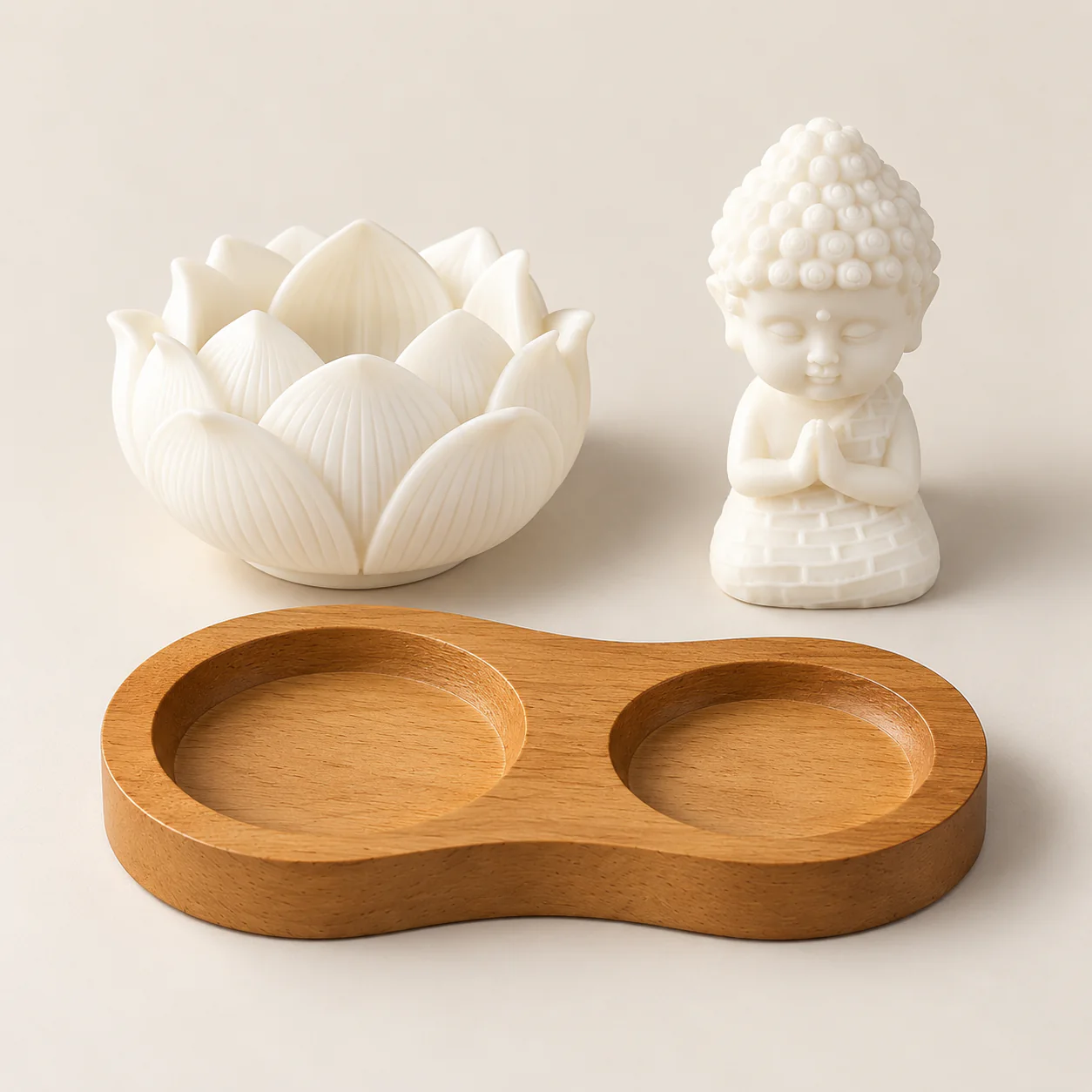 Gourd and Lotus Wood Incense Holder with its three components separated