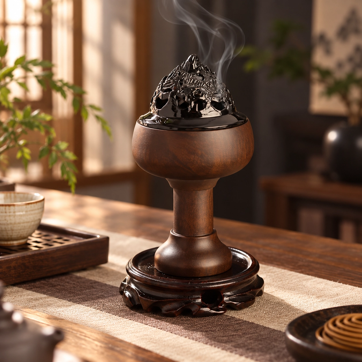 Ebony Cloud-Motif Incense Burner in a calm tea-table setting
