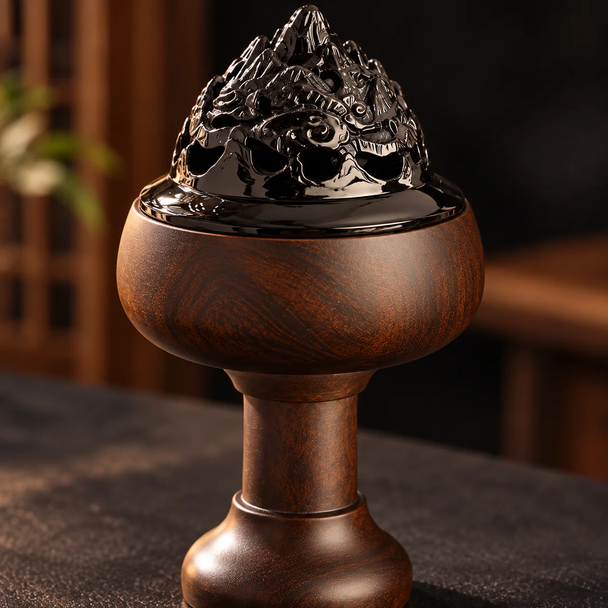 Ebony Cloud-Motif Incense Burner showing its openwork lid and wood grain