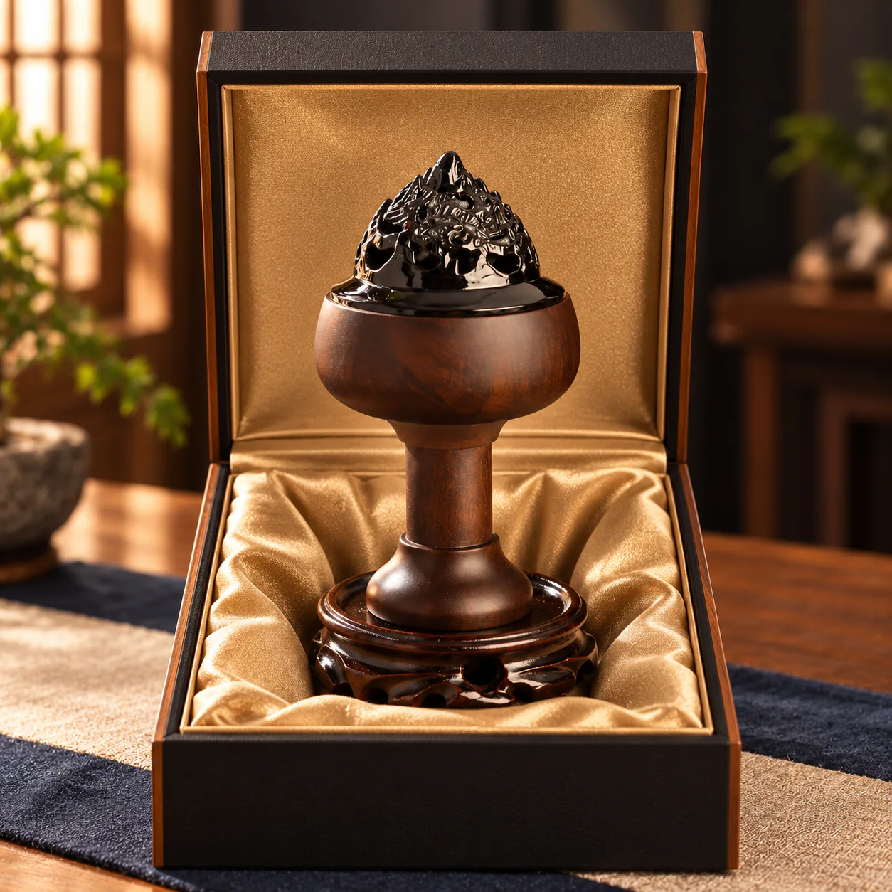 Ebony Cloud-Motif Incense Burner presented in an unbranded gift box