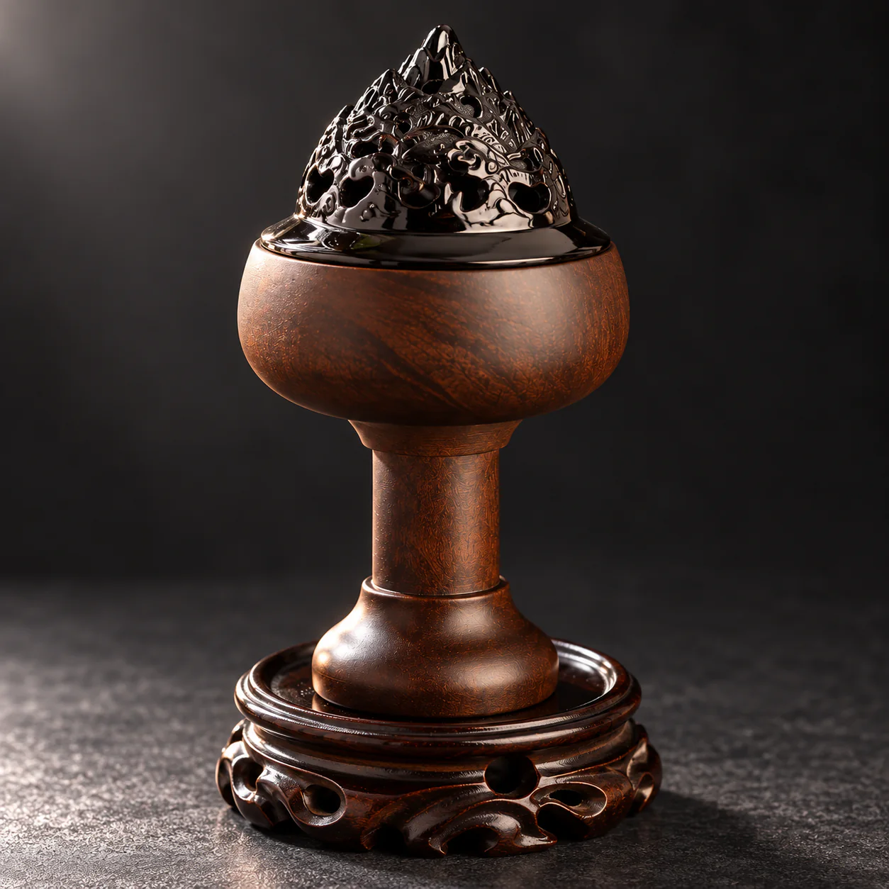 Ebony Cloud-Motif Incense Burner showing the carved pedestal and rear profile