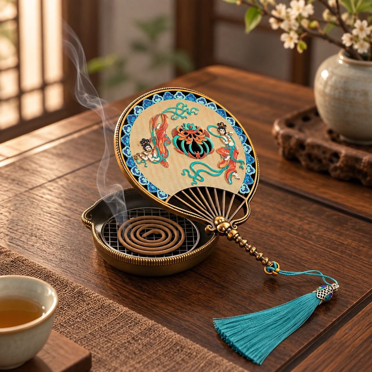 Dunhuang Enamel Incense Burner in a calm tea-table setting