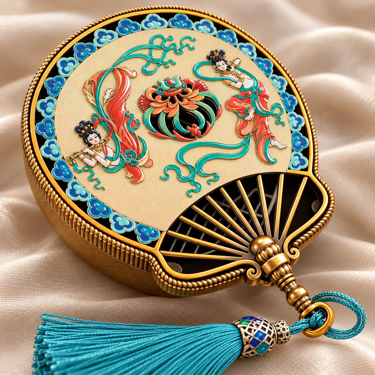 Dunhuang Enamel Incense Burner showing enamel artwork and tassel details