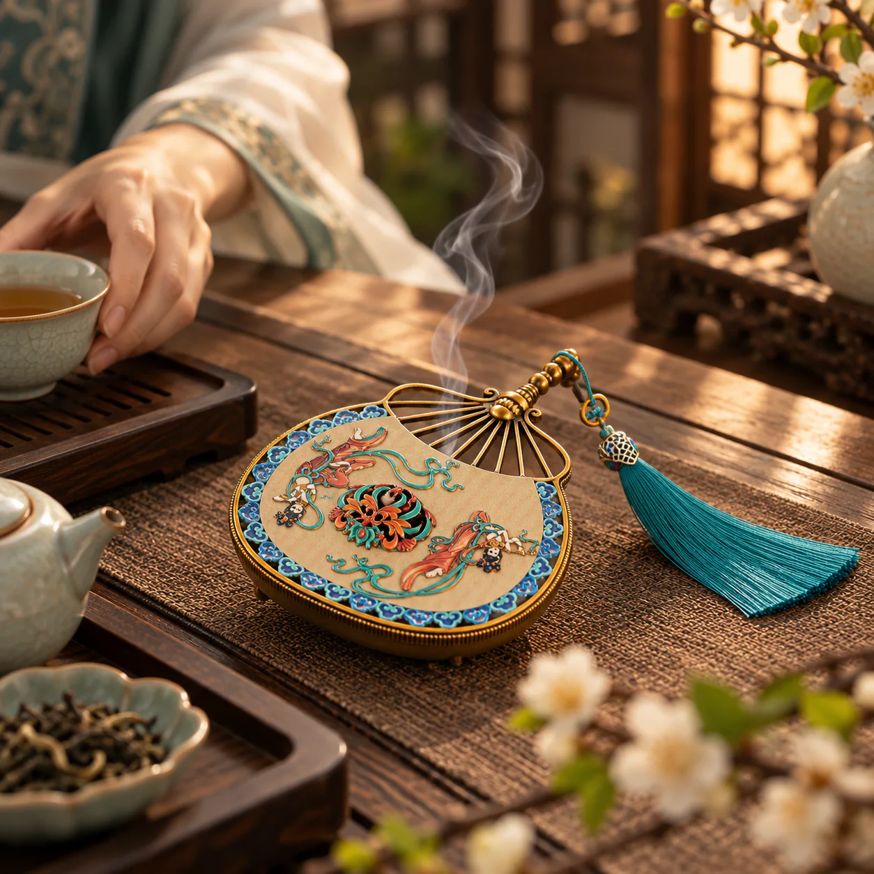 Dunhuang Enamel Incense Burner in use on an elegant tea table