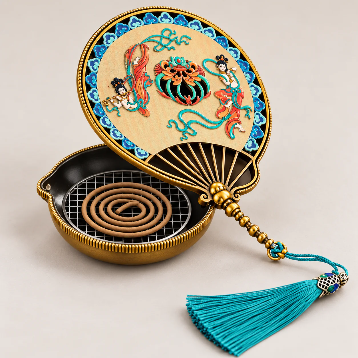 Dunhuang Enamel Incense Burner opened to show the coil tray and mesh