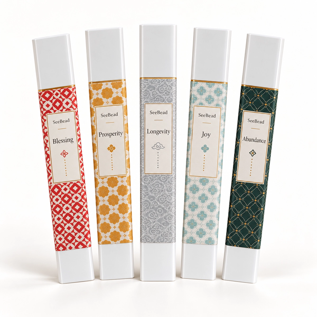 Five Blessings Stick Incense Collection in five SeeBead packaging styles