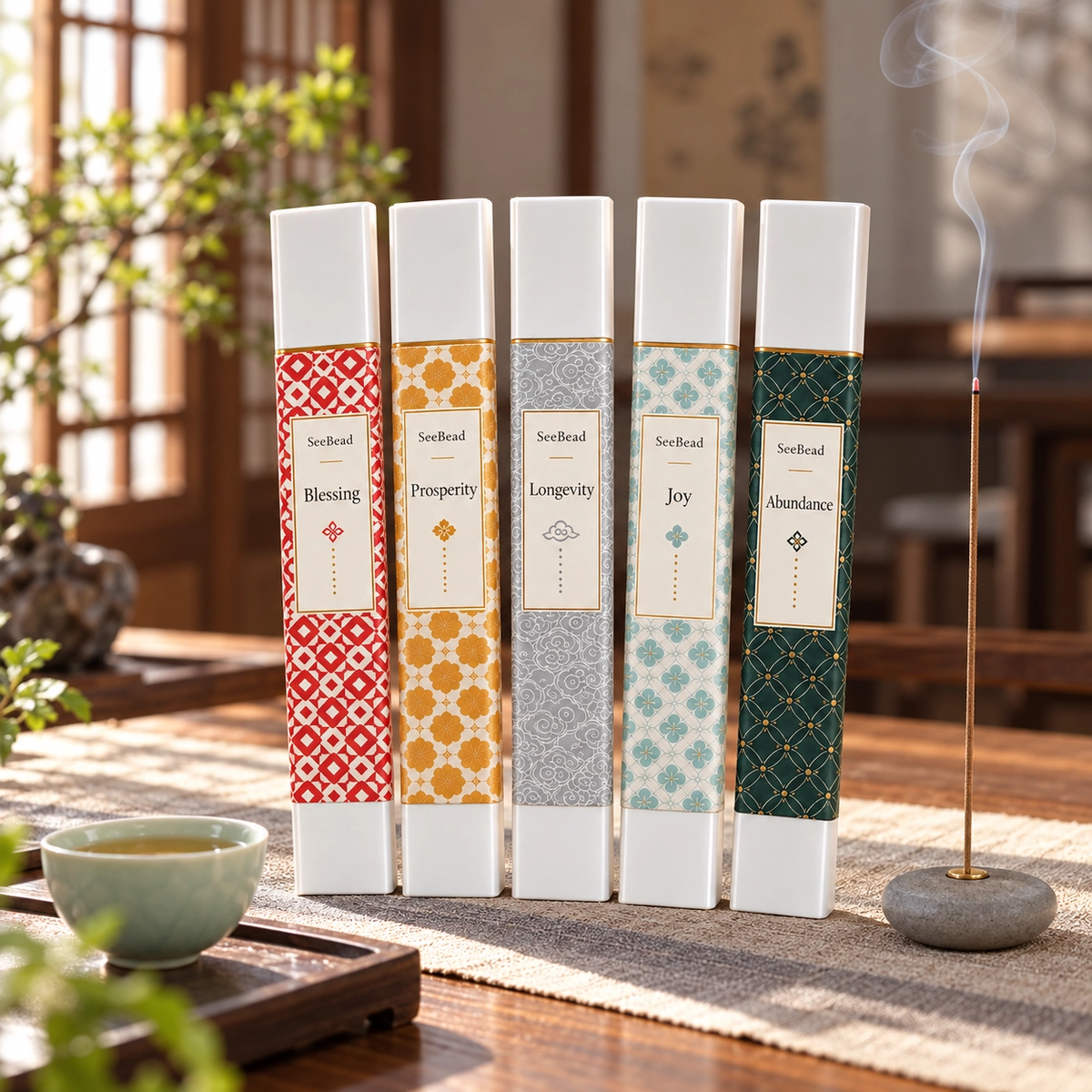 Five Blessings stick incense collection styled on a quiet tea table