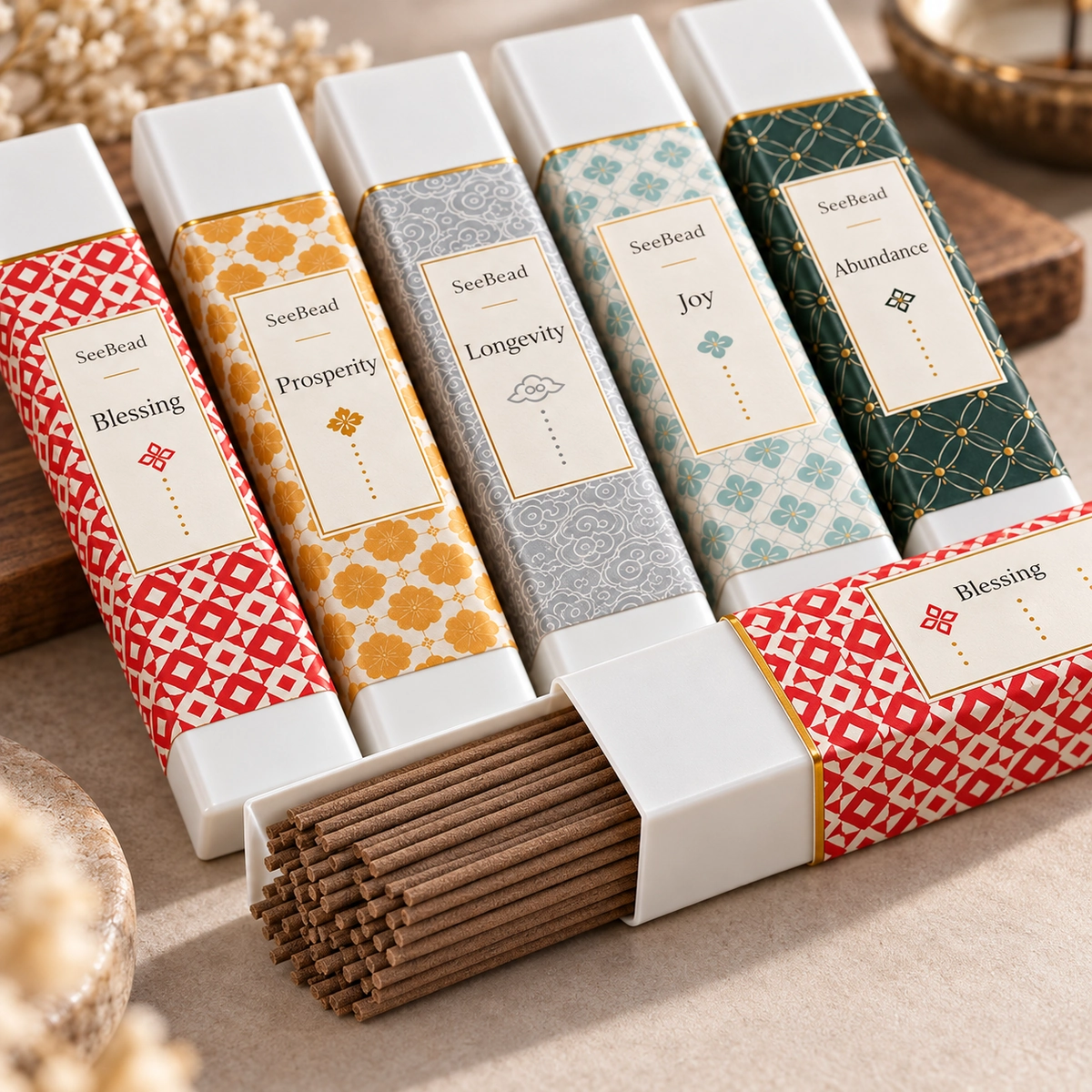 Close detail of brown incense sticks and five SeeBead cases