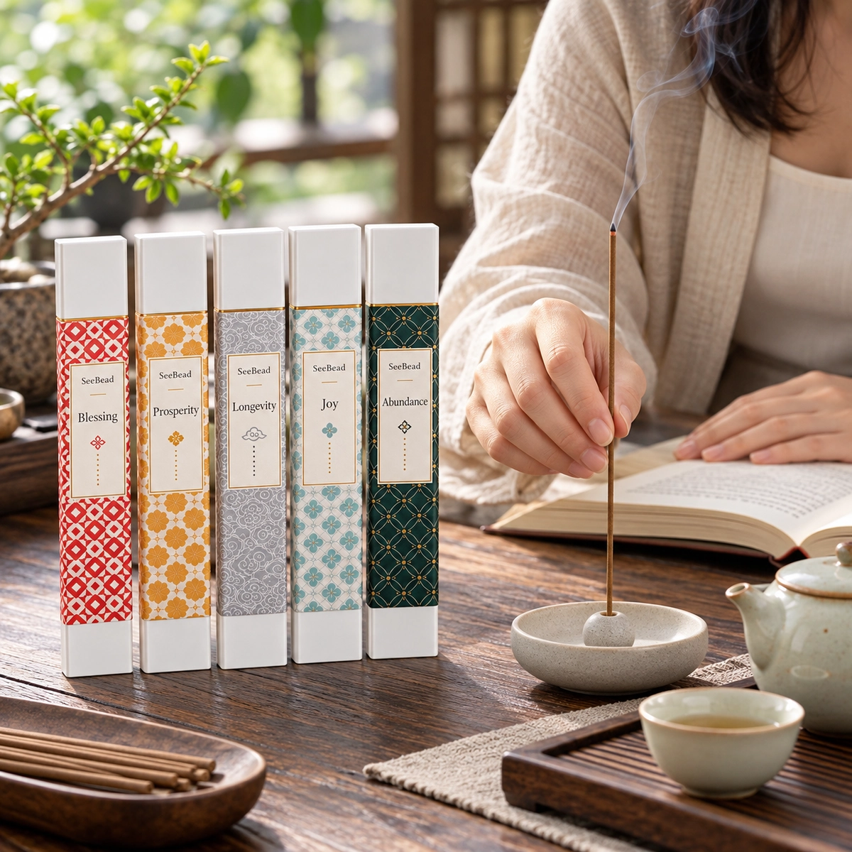 Woman placing a SeeBead stick incense on a tea table while reading