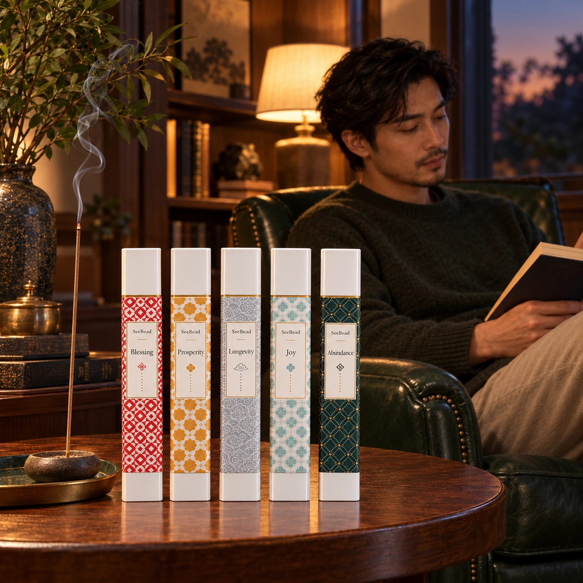 Man reading beside burning SeeBead stick incense in an evening study