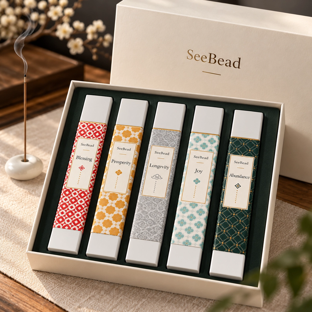 Five-style SeeBead stick incense set in an ivory presentation box