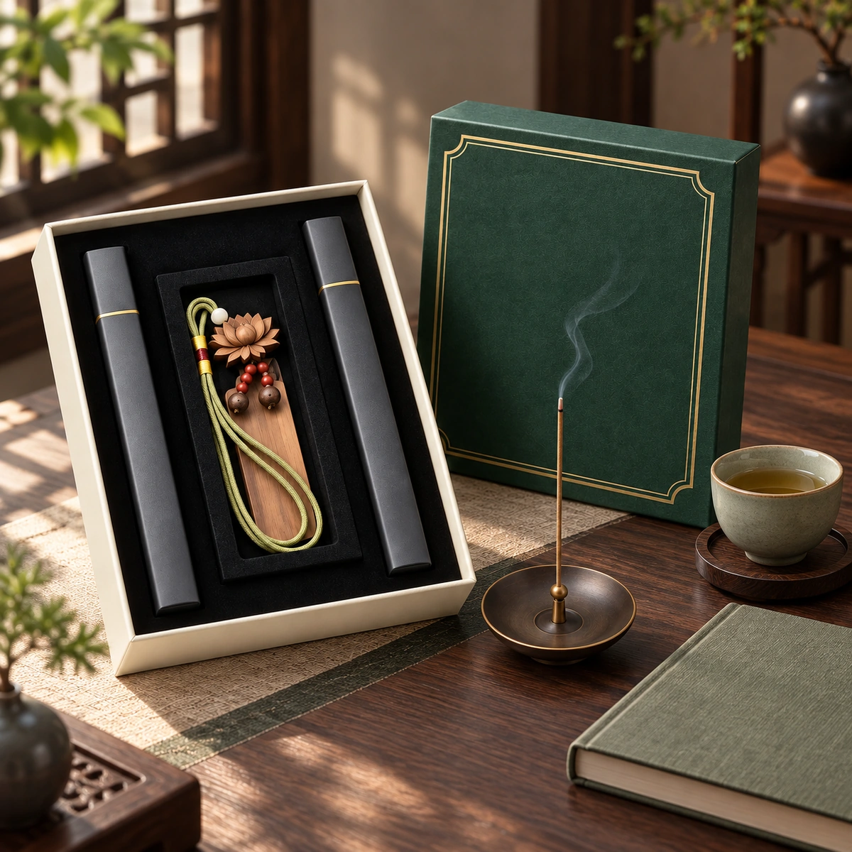 Quiet Tea Incense Ritual Gift Set beside a book and tea cup