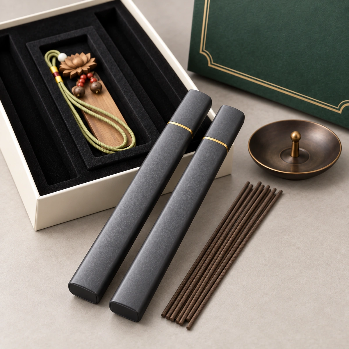 Two incense tubes and incense sticks from the Quiet Tea gift set