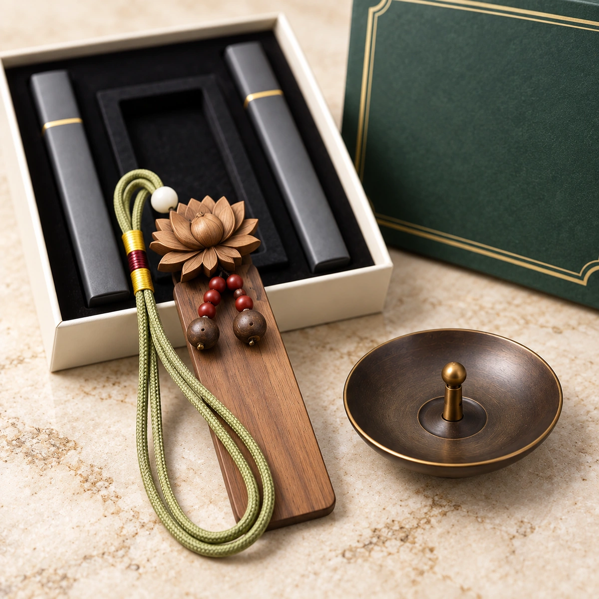 Carved aroma plaque and incense holder from the Quiet Tea gift set