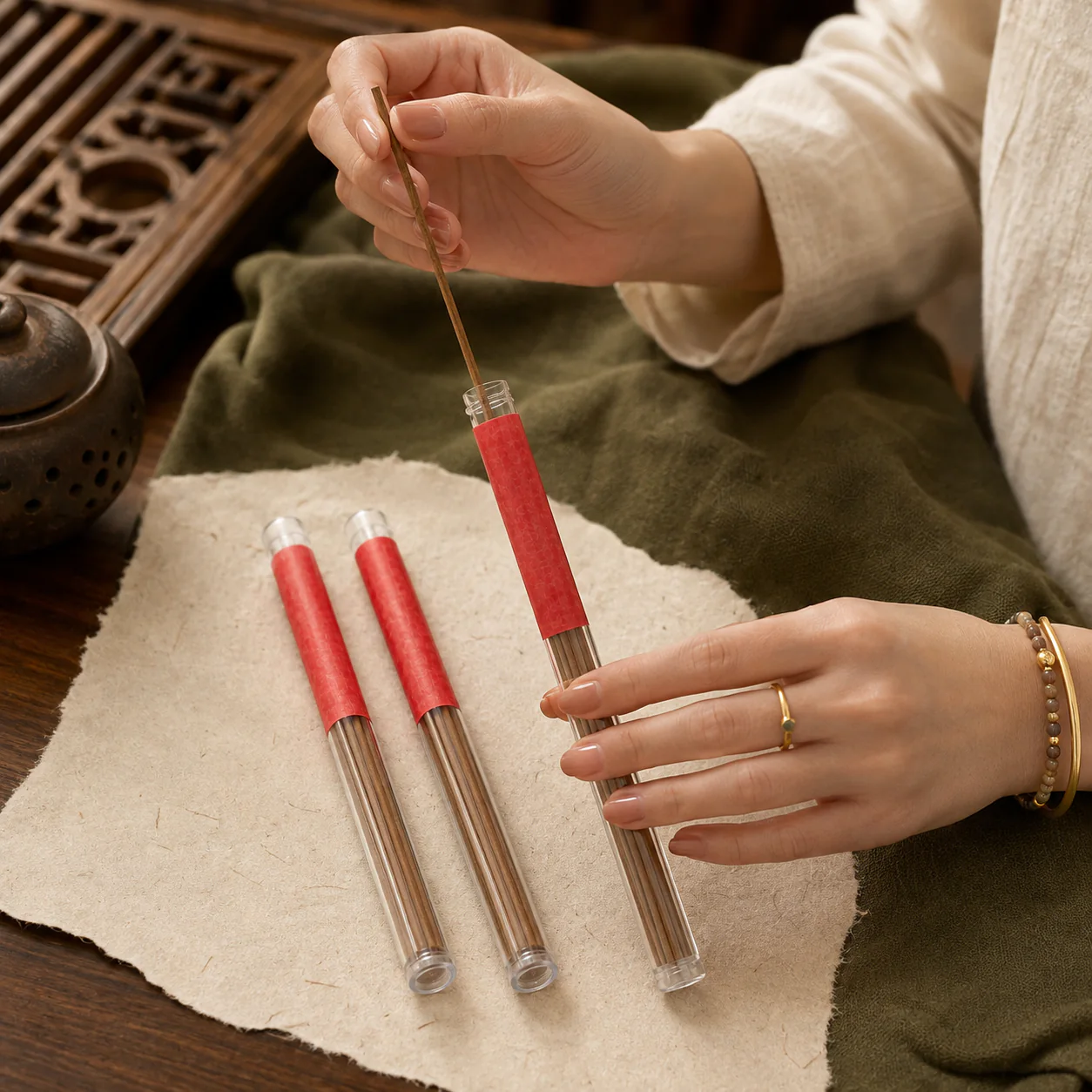 Agarwood incense stick removed from its clear tube