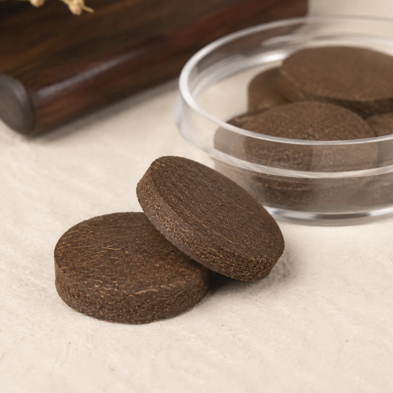 Pressed incense tablet texture and thickness detail