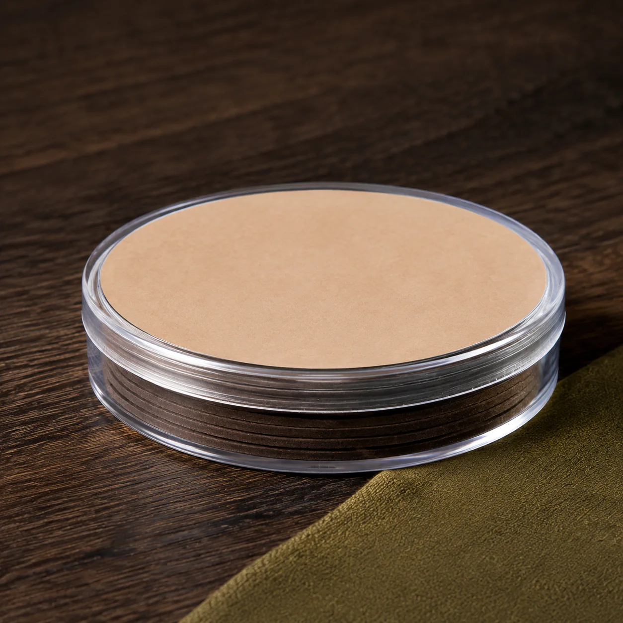 Clear incense tablet tin and fitted lid detail