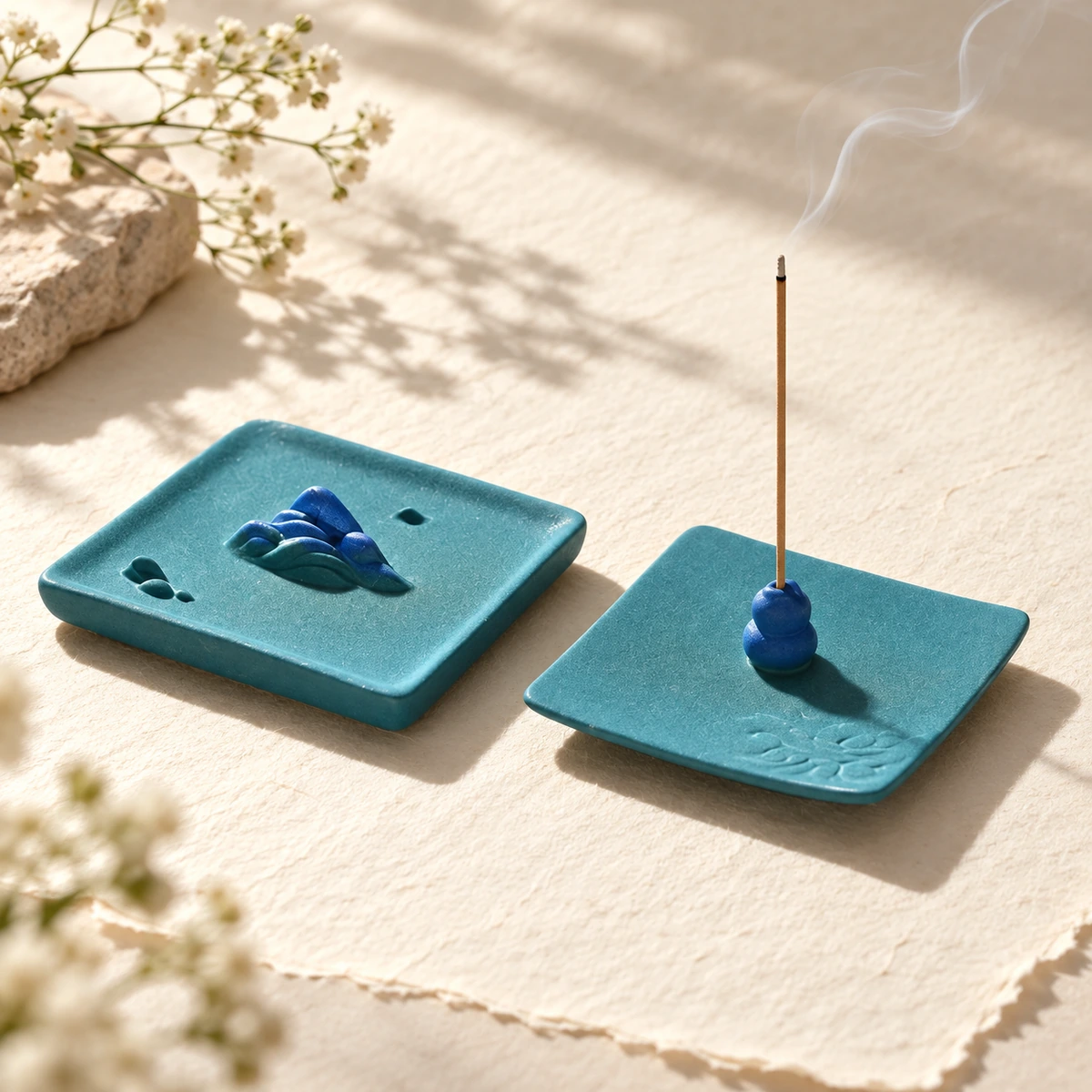 Teal glazed ceramic incense holder set