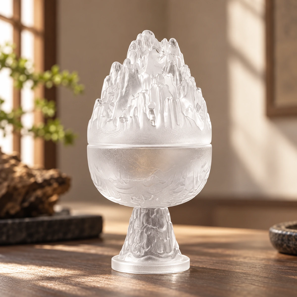 Translucent mountain-shaped glass incense burner