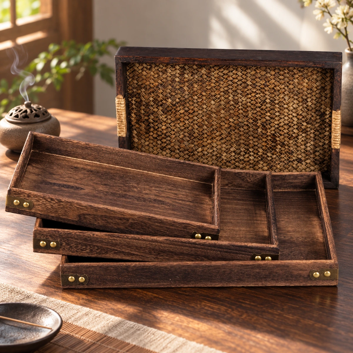 Dark wooden incense ceremony tray set with woven base