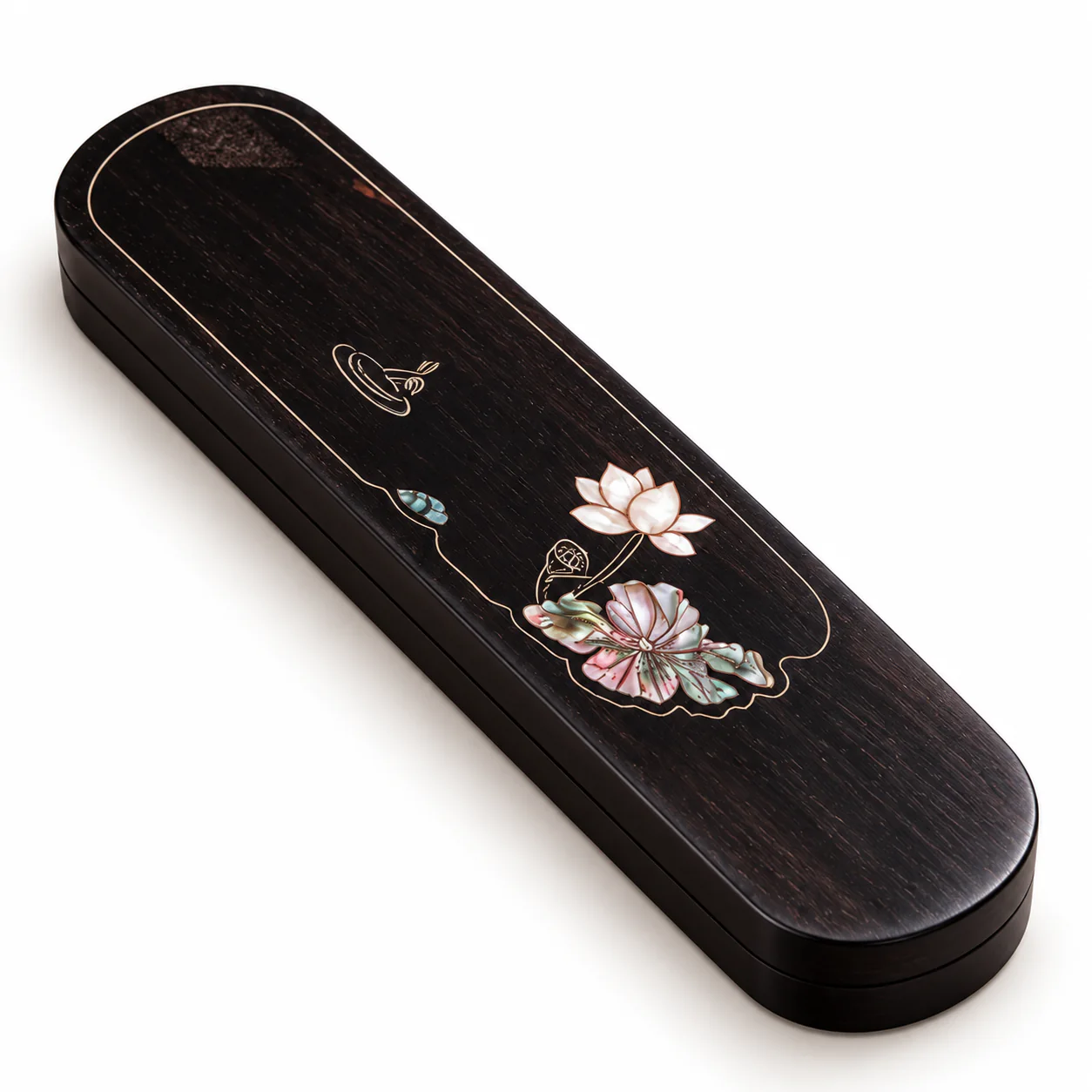 Lotus inlay dark hardwood incense box on a warm white background