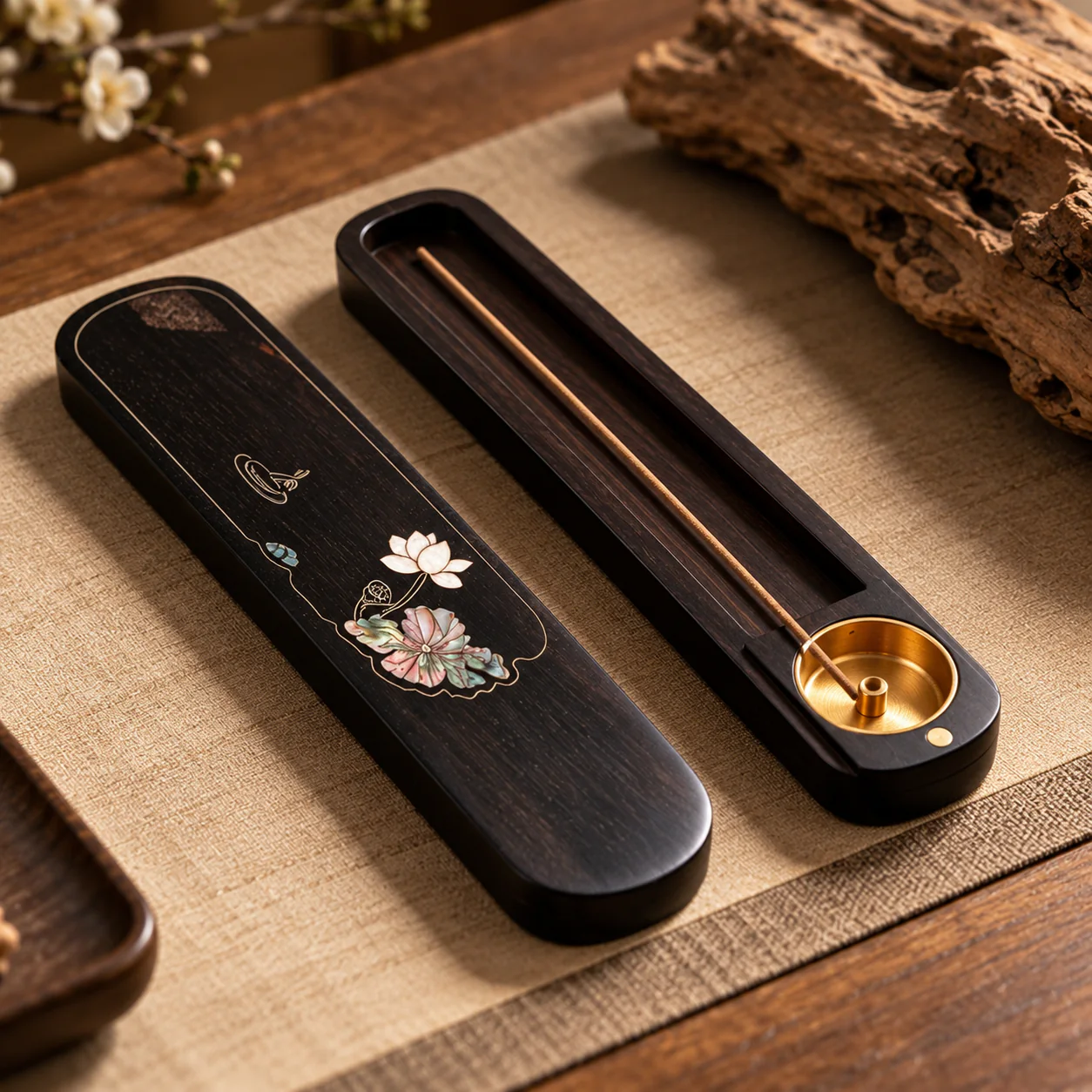 Open dark hardwood incense box showing the ash-catching interior