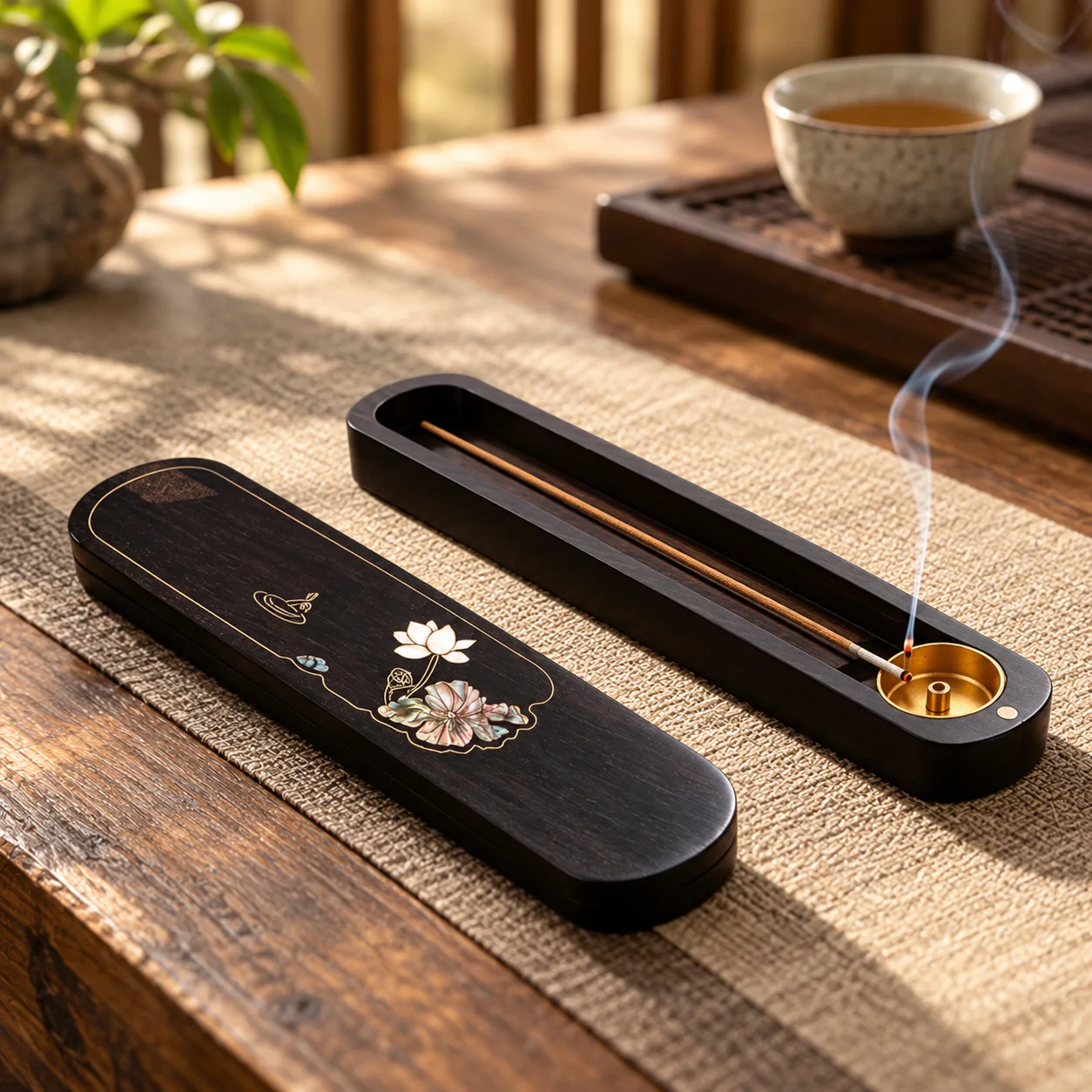 Lotus inlay incense box in use during a quiet tea ritual