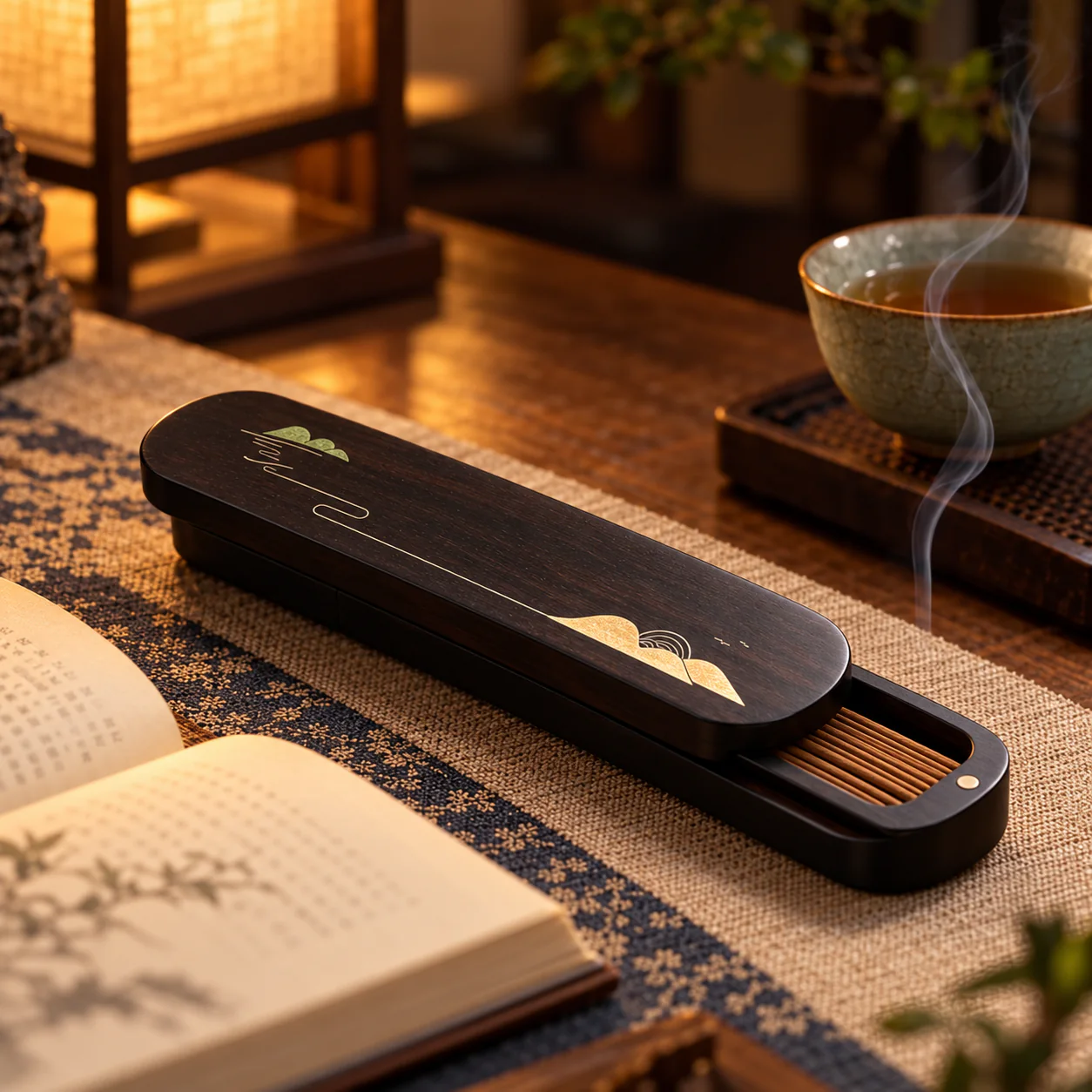 Cloud inlay incense box beside tea and a book in an evening ritual