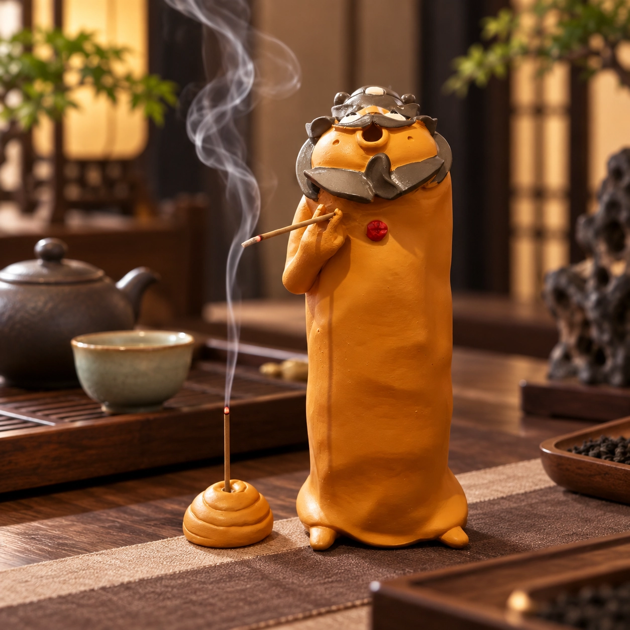 Playful guardian-inspired resin incense holder on a tea table with incense smoke