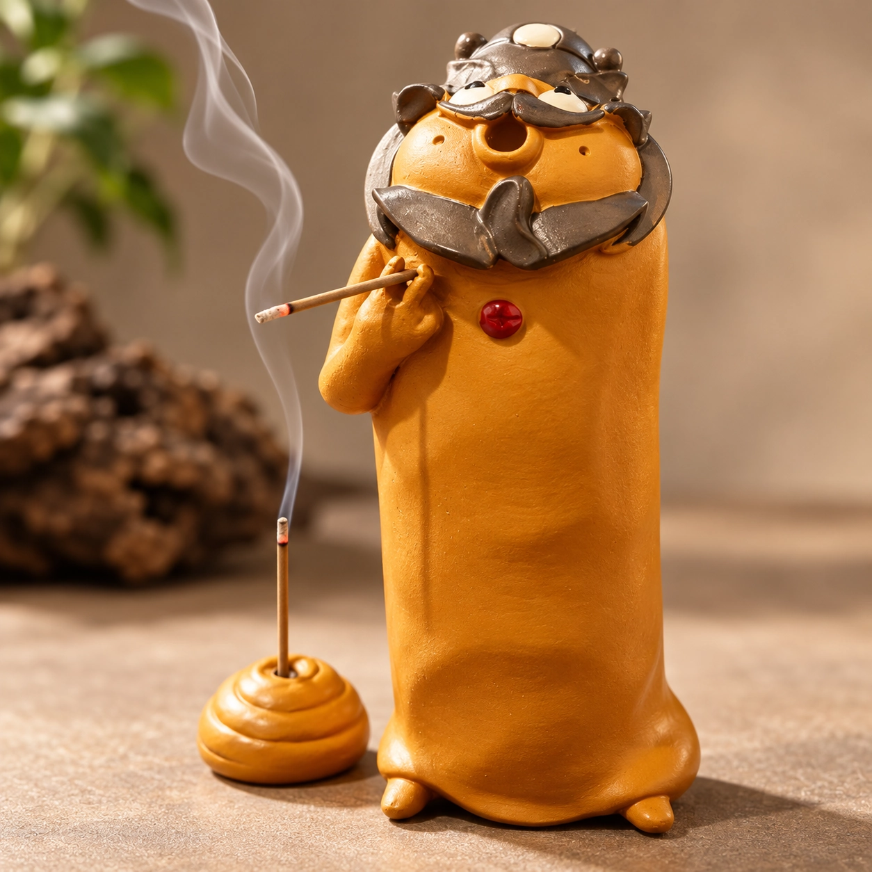 Close-up of the resin finish and incense opening on a playful guardian incense holder