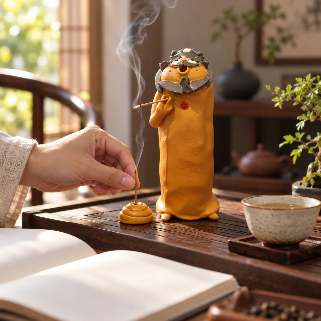 Hand placing an incense stick into a playful guardian-inspired incense holder