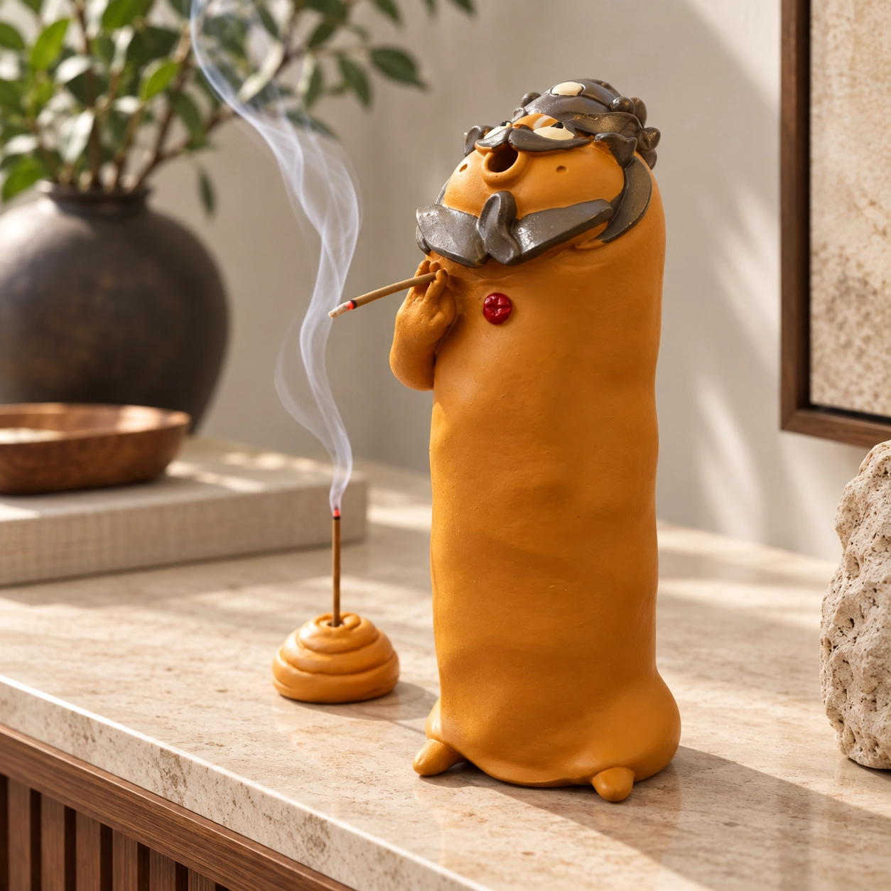 Side angle of a sculptural guardian-inspired resin incense holder