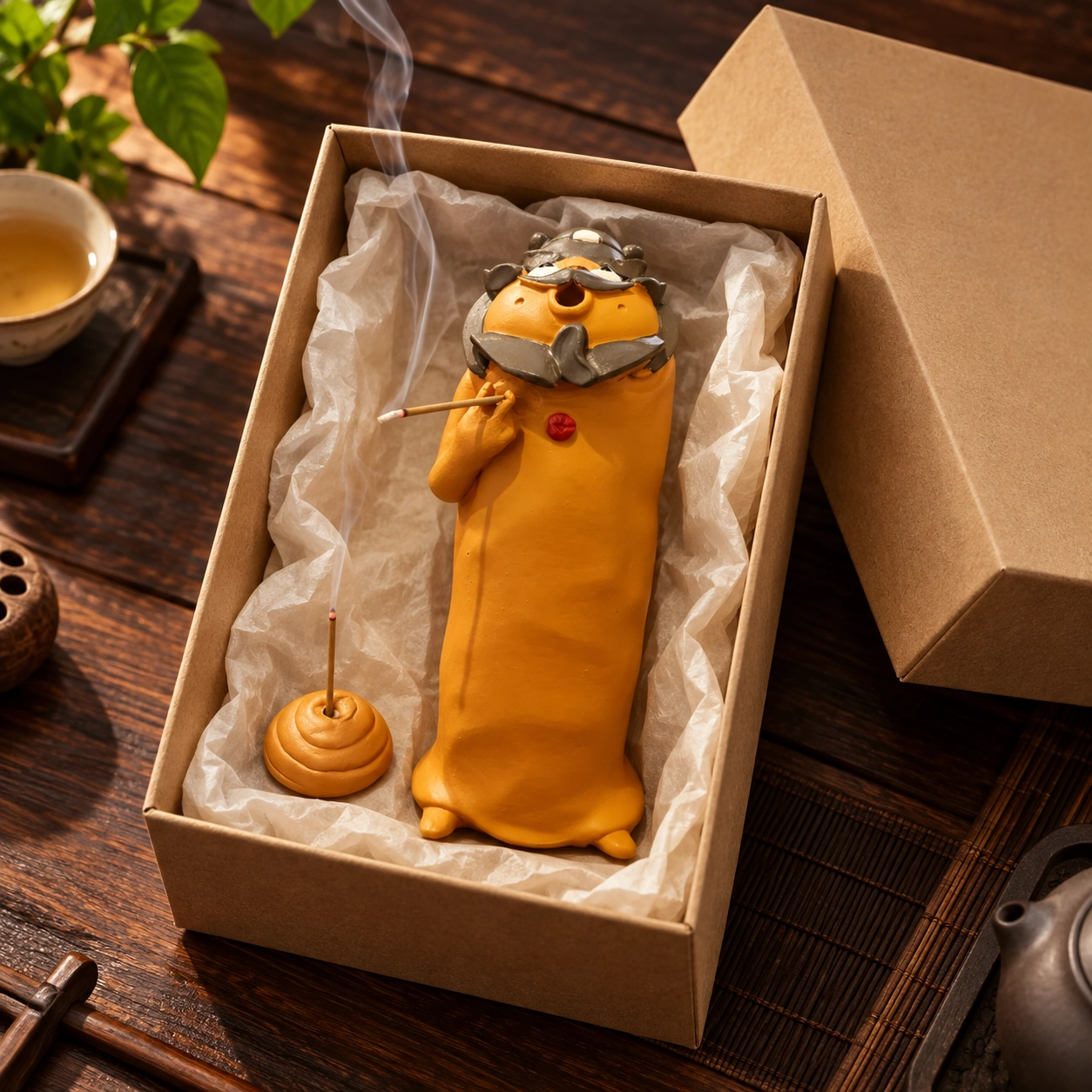 Playful guardian-inspired resin incense holder presented as a gift
