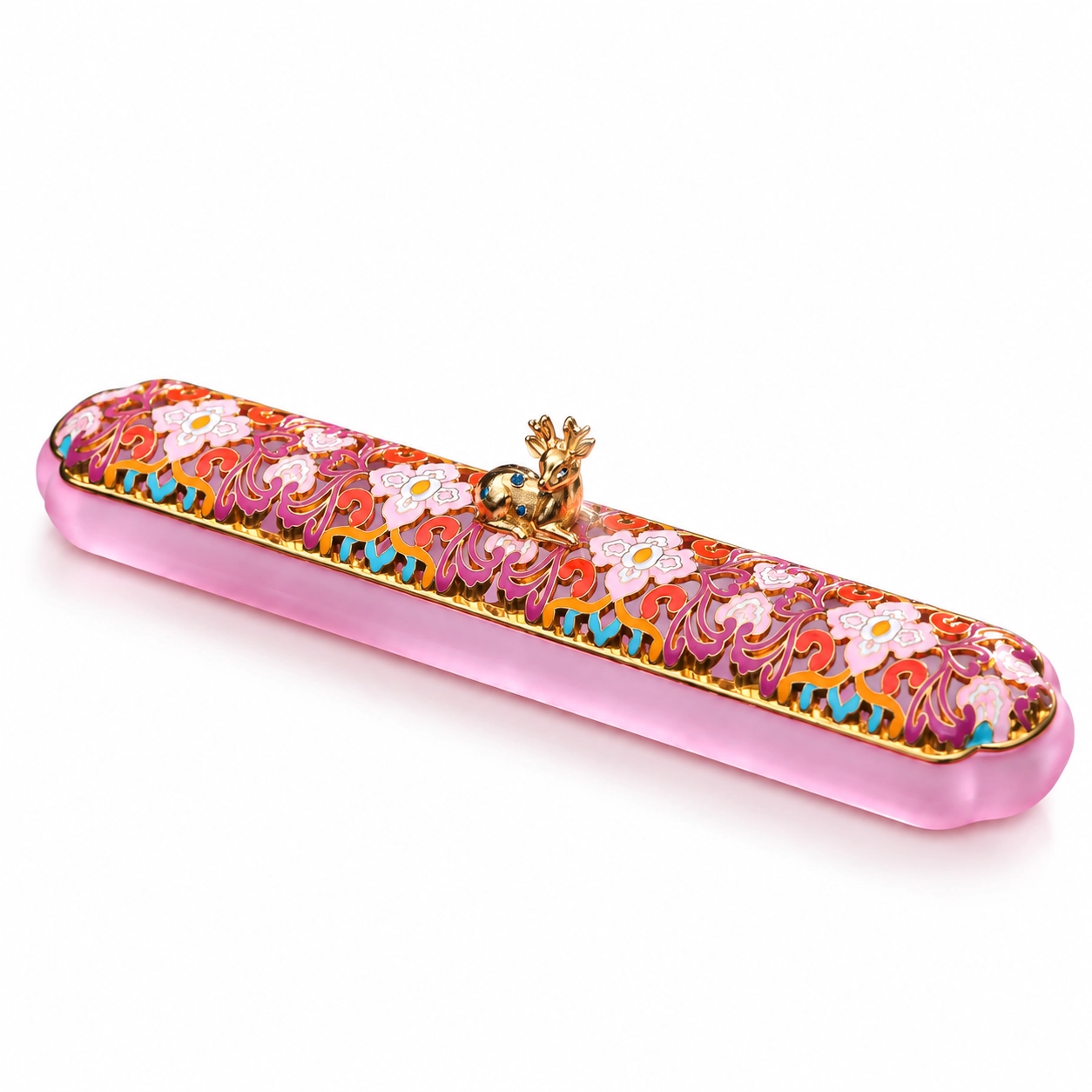 Soft pink deer motif glass-like enamel incense box on white background