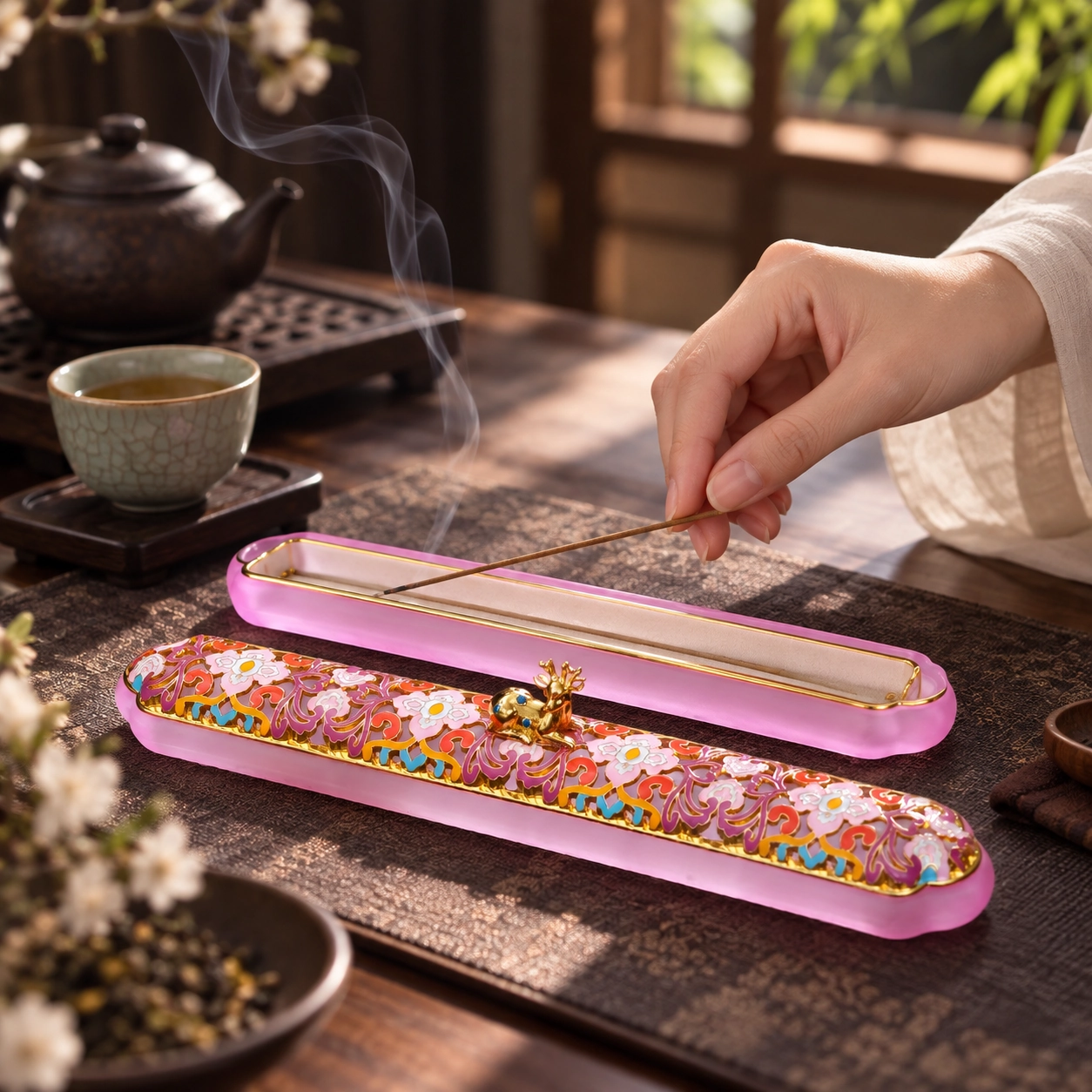 Hand placing an incense stick into a deer motif incense box