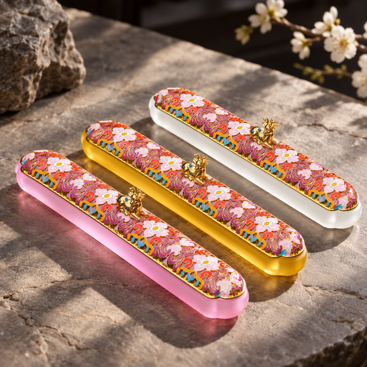 Three color options of the deer motif glass-like enamel incense box