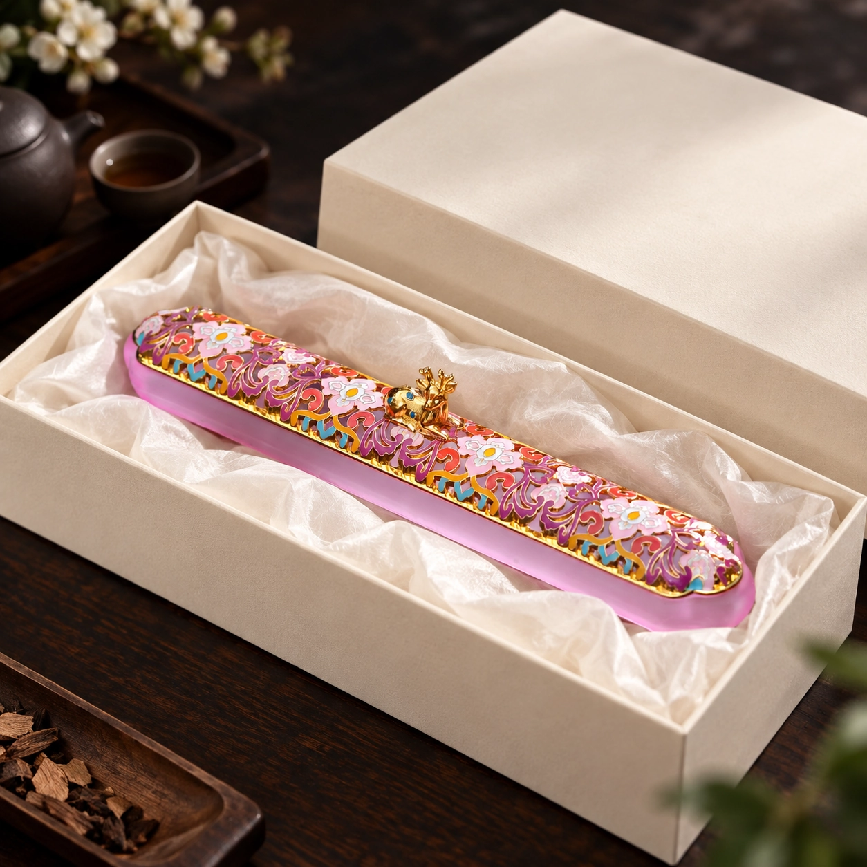Deer motif glass-like enamel incense box in a blank gift box